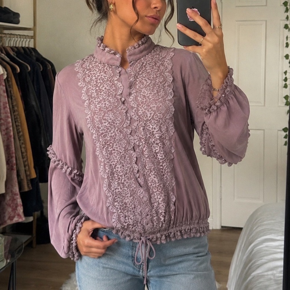 POL Mauve Lace Ruffle Mock Neck Long Sleeve Top Boho cottage S prairie Indie